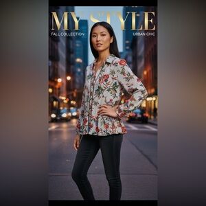 Anthropologie Ivory Floral Peplum Blouse with Red & Green Print